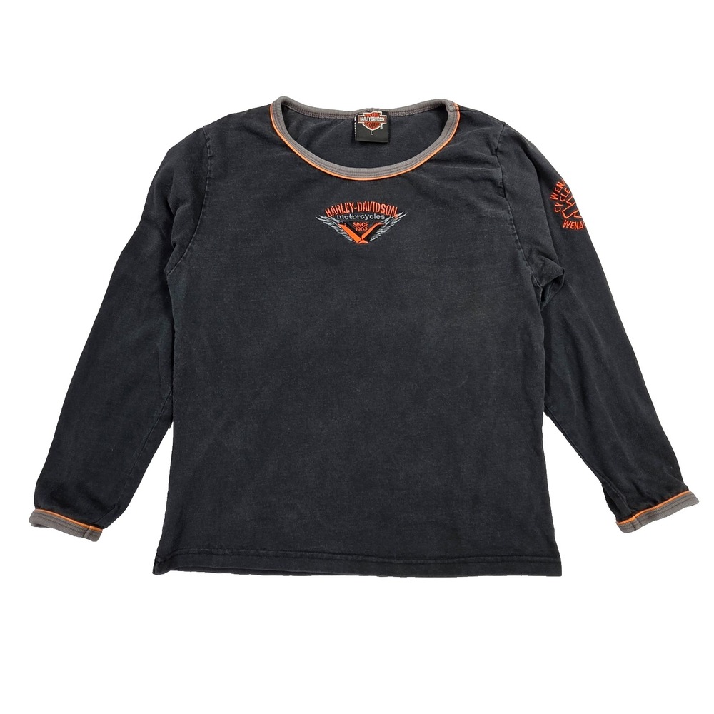 HARLEY DAVIDSON WOMENS MADE IN THE USA CREW NECK SWEATSHIRT BLACK L FADED Y2K